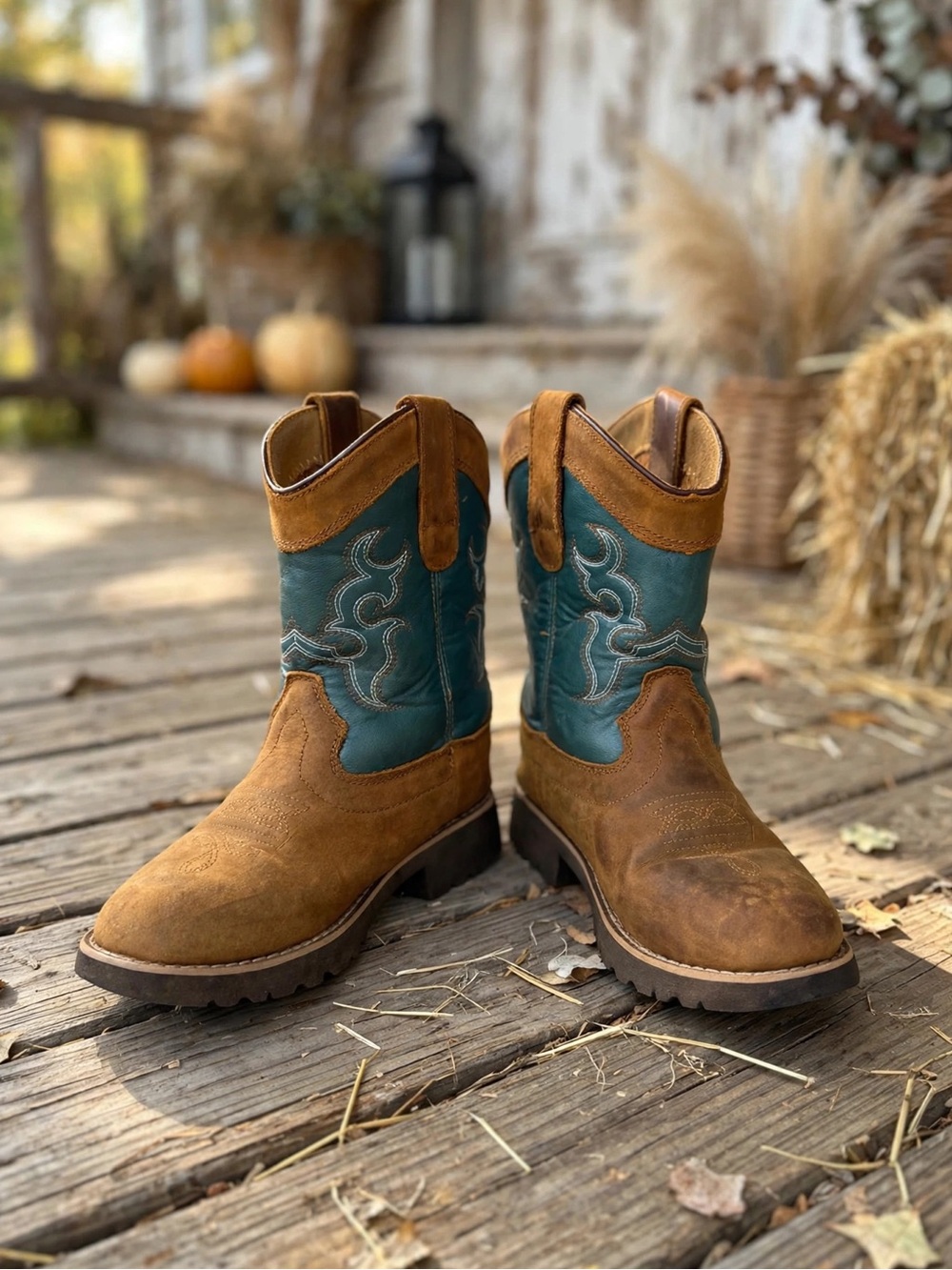 Kids Brown and Teal Western Pull-On Boots